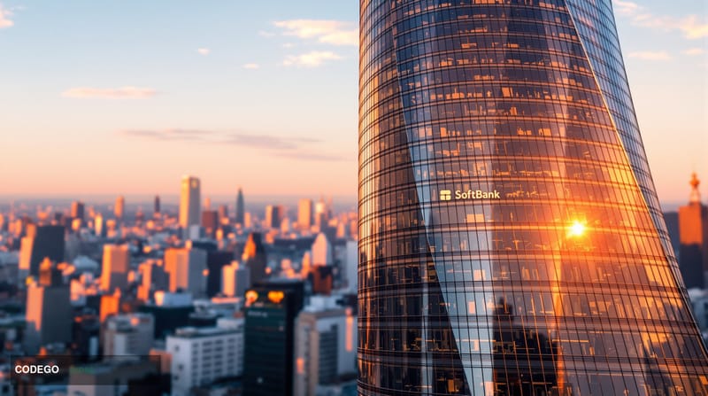 A photorealistic 8K editorial photograph showing the SoftBank headquarters tower in Tokyo's Minato district during golden hou