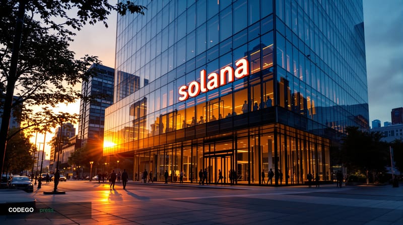 A photorealistic editorial photograph showcasing the Solana headquarters in San Francisco's tech corridor, shot from a low an
