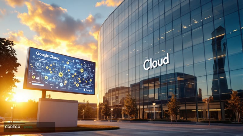 A photorealistic editorial photograph showing the Google Cloud headquarters campus in Sunnyvale, California with its distinct