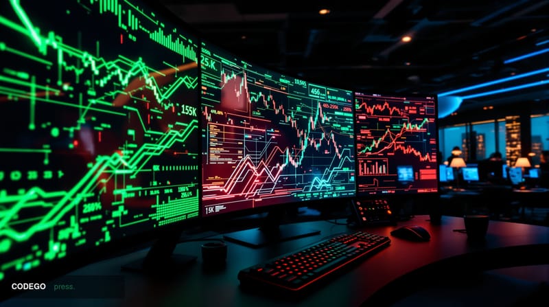 A cinematic editorial photograph capturing Solana's precarious technical position through a dramatic financial trading floor 