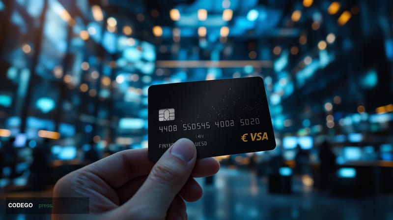 A photorealistic editorial photograph showing a sleek black payment card being held in the foreground with the iconic golden 