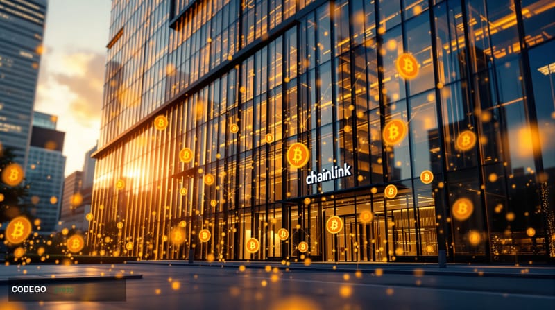 A dramatic architectural photograph of Chainlink's modern corporate headquarters building in a financial district, shot durin