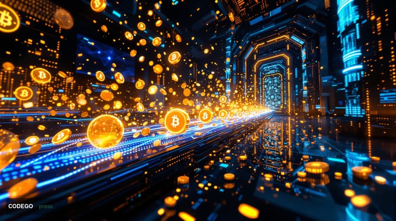 A cinematic editorial photograph showing a massive digital Bitcoin vault transition scene, captured from a dramatic low angle