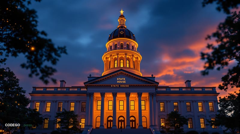 A cinematic editorial photograph of the South Carolina State House dome in Columbia, photographed during golden hour with dra