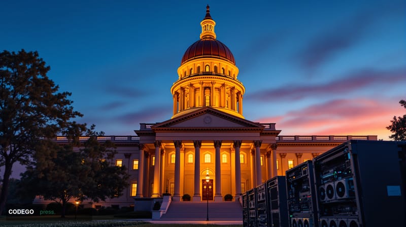 A dramatic photorealistic editorial photograph of the South Carolina State House dome in Columbia, captured at golden hour wi