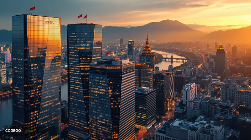 A striking aerial view of Seoul's financial district at dusk, featuring the imposing glass towers of major Korean financial i