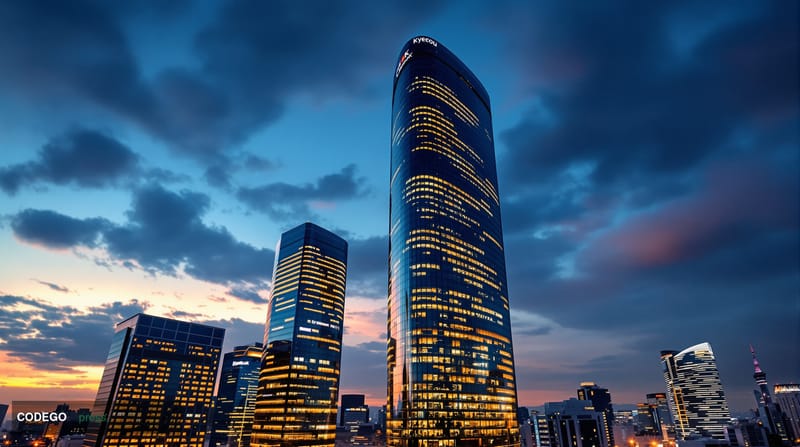 A cinematic editorial photograph of Seoul's financial district at dusk, featuring the iconic Korea Exchange building and surr