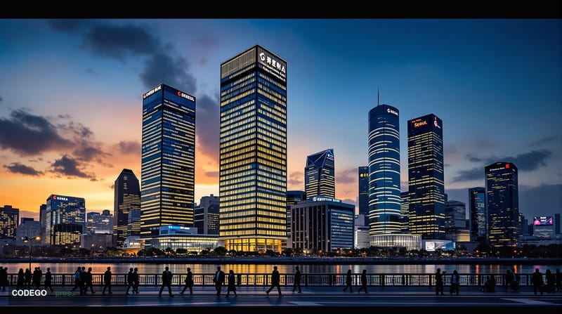 A cinematic editorial photograph of Seoul's financial district at twilight, featuring the iconic skyline with modern glass to