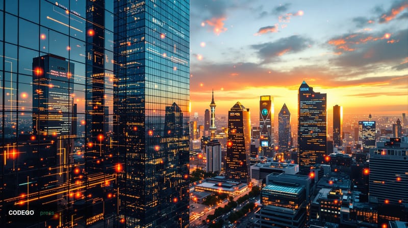 A dramatic photorealistic editorial photograph showing Seoul's modern financial district skyline with the iconic Lotte World 