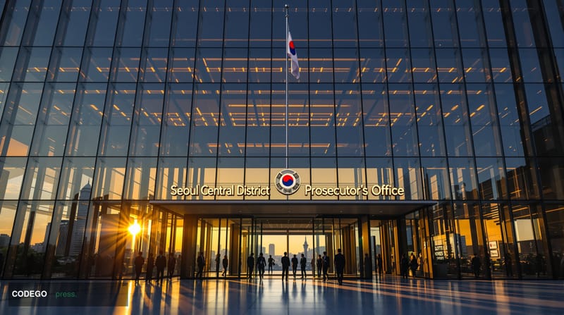 A cinematic editorial photograph showing the imposing glass and steel facade of the Seoul Central District Prosecutors' Offic
