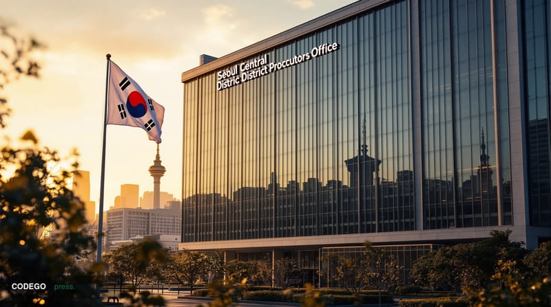 A dramatic photorealistic editorial photograph showing the Seoul Central District Prosecutors' Office building in Seoul, Sout
