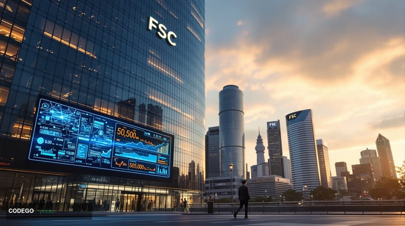 A cinematic editorial photograph of Seoul's modern financial district at golden hour, featuring the towering glass facades of
