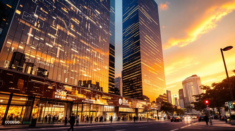 A dramatic photorealistic editorial photograph showcasing the Samsung headquarters in Seoul's Gangnam district, with SK Hynix