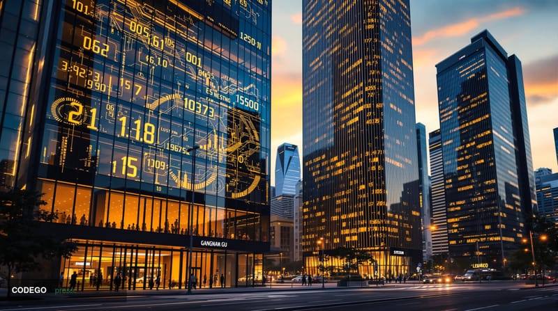 A photorealistic editorial photograph capturing Seoul's financial district at golden hour, featuring the iconic Lotte World T
