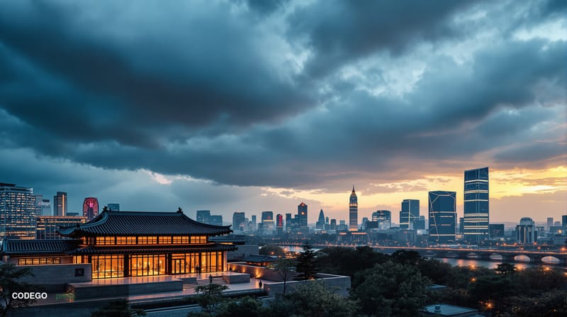 A cinematic editorial photograph showing the modern Seoul skyline at dusk with dramatic storm clouds overhead, shot from an e