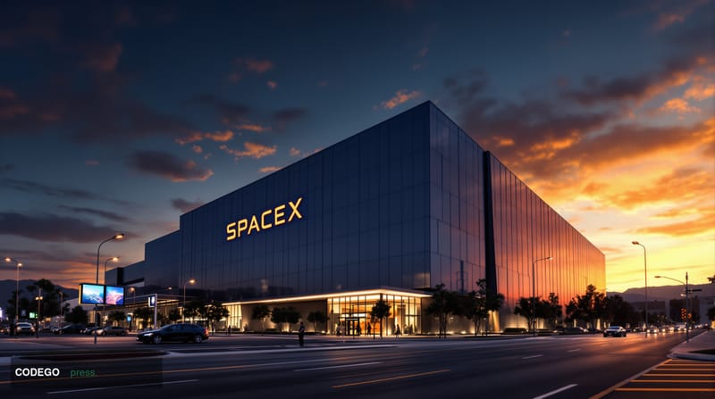 A dramatic editorial photograph capturing SpaceX's Hawthorne headquarters in California during golden hour, with the distinct