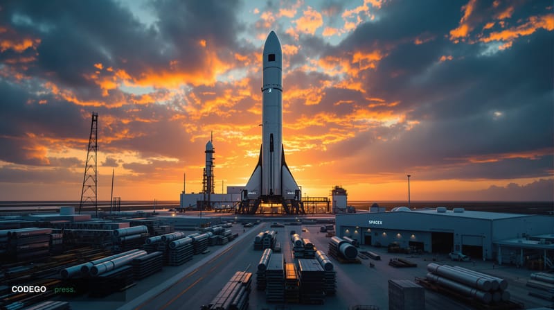 A cinematic editorial photograph of SpaceX's Starbase facility in Boca Chica, Texas, featuring the towering Starship rocket a