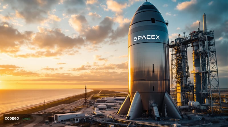A cinematic editorial photograph of SpaceX's Starbase facility in Boca Chica, Texas, captured during golden hour with dramati