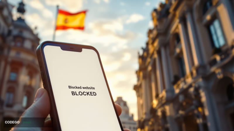 A dramatic editorial photograph of Spanish government regulatory buildings in Madrid, shot during golden hour with warm amber