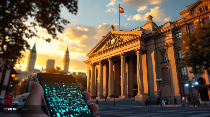 A dramatic photorealistic editorial photograph capturing Spain's regulatory action against prediction markets. The scene show