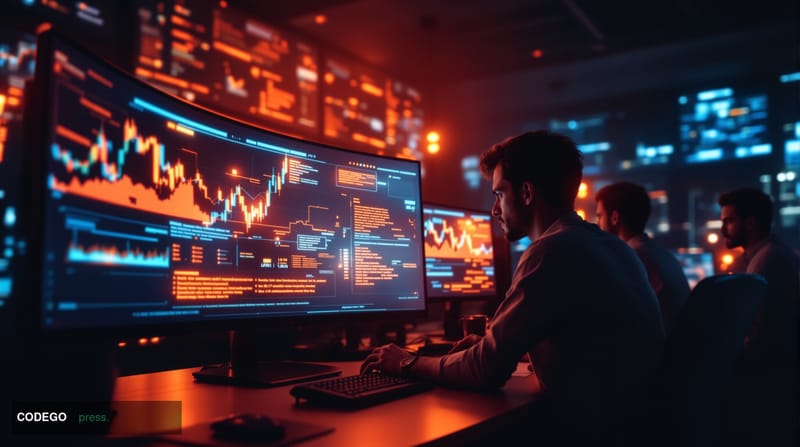 A photorealistic editorial photograph capturing a dramatic cybersecurity incident in the blockchain space, shot with cinemati