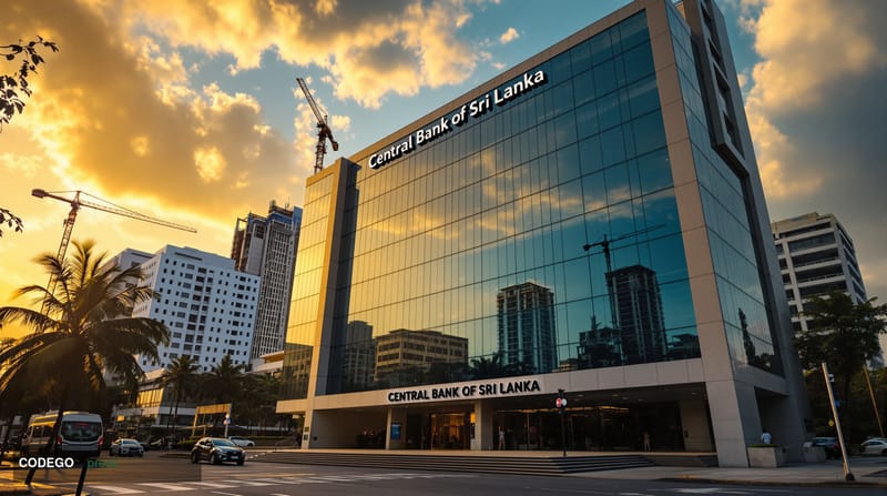 A photorealistic editorial photograph capturing the Central Bank of Sri Lanka's imposing modern headquarters building in Colo