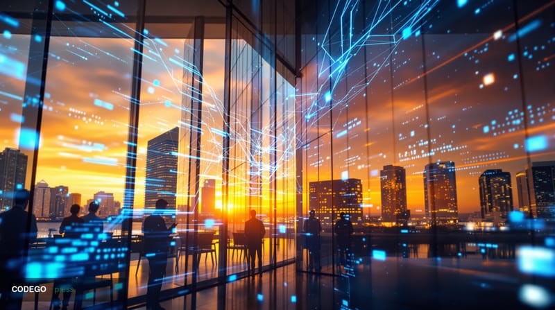 A cinematic editorial photograph capturing the intersection of digital finance and corporate business, shot from a low angle 