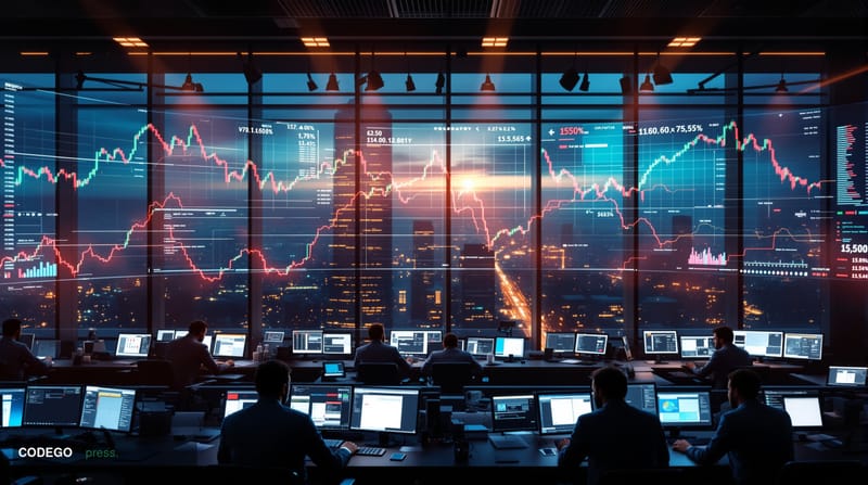 A dramatic photorealistic editorial scene showing a modern cryptocurrency trading floor or blockchain security operations cen