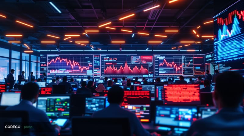 A photorealistic editorial photograph showing a modern cryptocurrency exchange trading floor or fintech office environment in