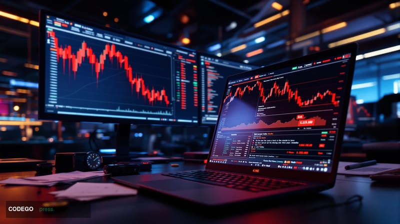 A dramatic photorealistic editorial photograph showing a high-tech cybersecurity breach visualization in a modern cryptocurre