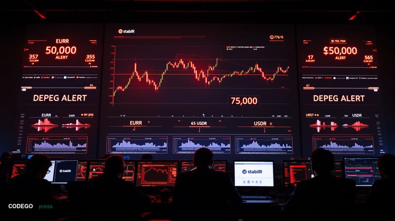 A dramatic cinematic editorial photograph showing a high-tech cryptocurrency trading floor in crisis, with multiple large dig
