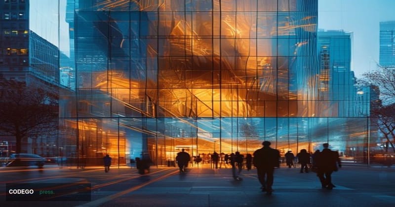 A cinematic editorial photograph of Standard Chartered's distinctive London headquarters building at 1 Basinghall Avenue, sho