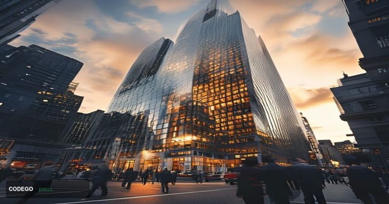 A photorealistic editorial photograph of Standard Chartered's iconic London headquarters building at 1 Basinghall Avenue in t