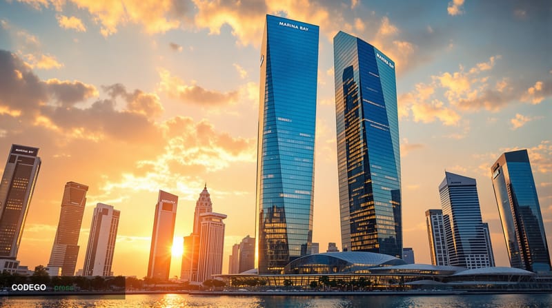 A photorealistic editorial photograph showing Standard Chartered's modern Singapore headquarters building at Marina Bay, shot