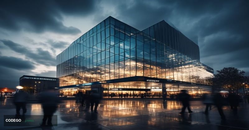 A cinematic editorial photograph showcasing the Standard Chartered headquarters building in London's financial district, with