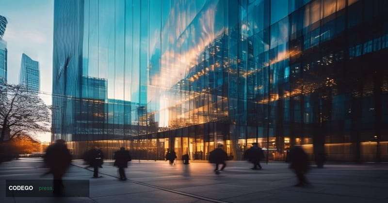 A photorealistic editorial photograph of Standard Chartered's iconic London headquarters building at 1 Basinghall Avenue, cap