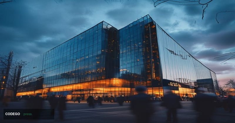 A photorealistic editorial photograph of Standard Chartered's distinctive headquarters building in London's financial distric