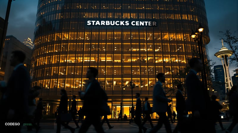 A cinematic editorial photograph capturing the stark contrast between corporate success and employee displacement at Starbuck