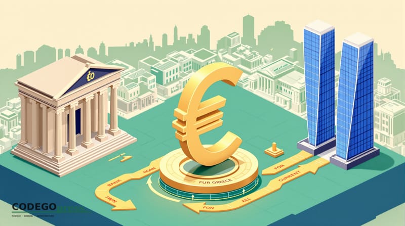 Large golden euro symbol in centre, rotating slowly above a banking-green floor marked with diverging currency paths (one nor