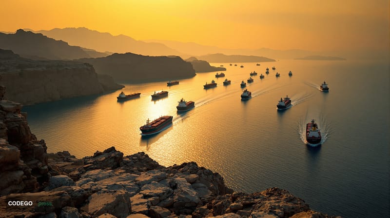 A dramatic photorealistic editorial photograph capturing the Strait of Hormuz at golden hour, showing the narrow waterway bet