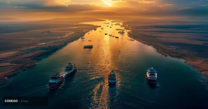 A dramatic aerial photograph of the Strait of Hormuz at golden hour, showing the narrow waterway between Iran and Oman with m