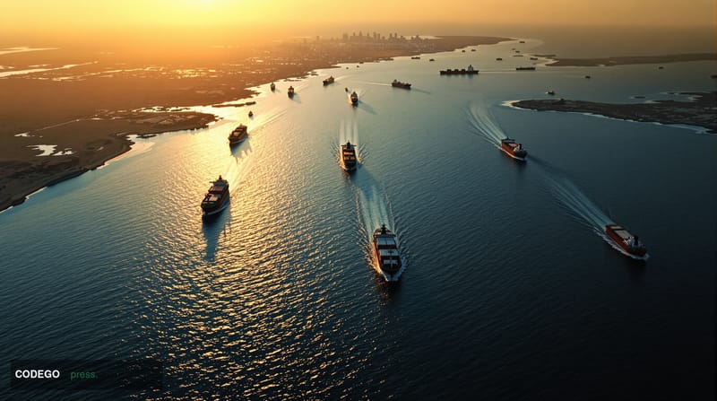 A dramatic photorealistic aerial view of the Strait of Hormuz at golden hour, showing the narrow waterway between Iran and Om