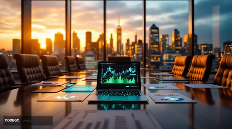 A photorealistic editorial photograph capturing the tension between traditional corporate finance and digital assets in moder