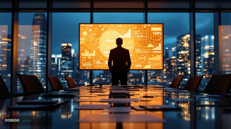 A cinematic editorial photograph of a modern corporate boardroom with floor-to-ceiling windows overlooking a financial distri