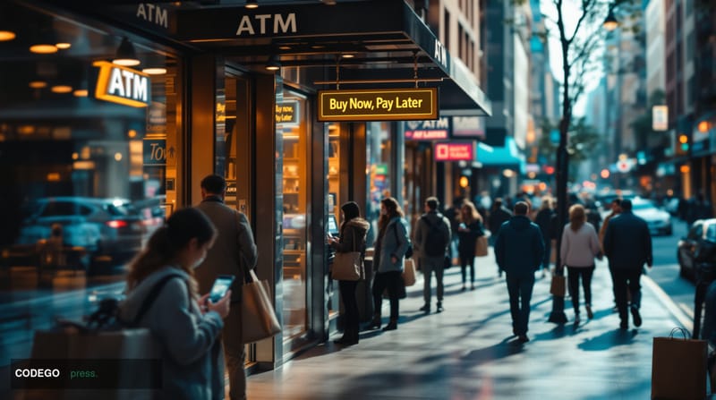 A photorealistic editorial photograph showing a bustling American main street or shopping district from an elevated perspecti