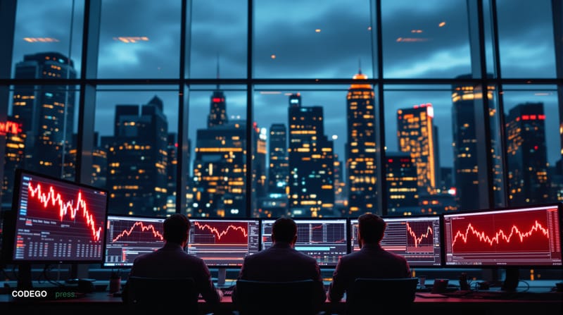 A cinematic editorial photograph capturing the intersection of digital infrastructure failure and financial markets, shot fro