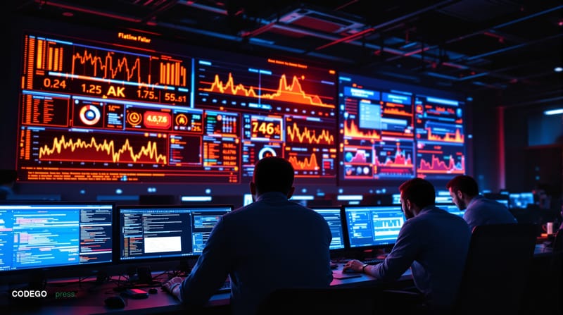 A dramatic editorial photograph showing a modern blockchain technology operations center during a crisis moment. The scene ca