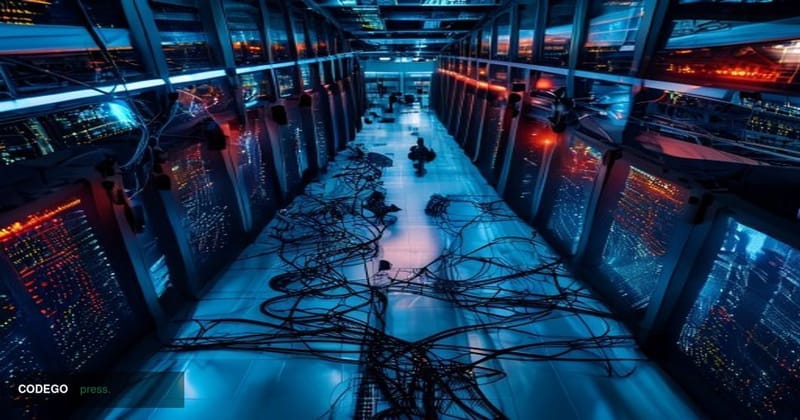 A dramatic high-angle overhead shot of a modern data center floor with rows of server racks emitting blue and red warning lig