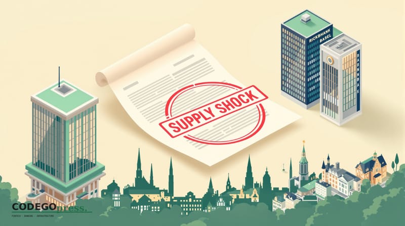 Large banking document with red-stamped "SUPPLY SHOCK" seal in centre, Riksbank columned Stockholm HQ on the left, Bank for I