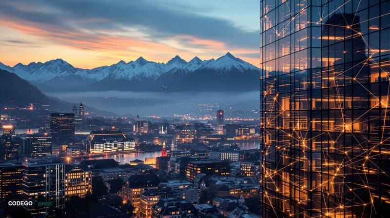 A cinematic editorial photograph of the Swiss financial district in Zurich at golden hour, featuring the modern glass towers 